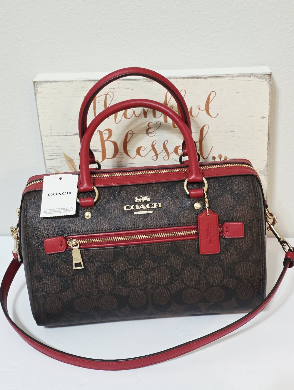 NEW Coach Rowan MEDIUM Crossbody Bag Signature Satchel Brown 1941 Red Gold 83607